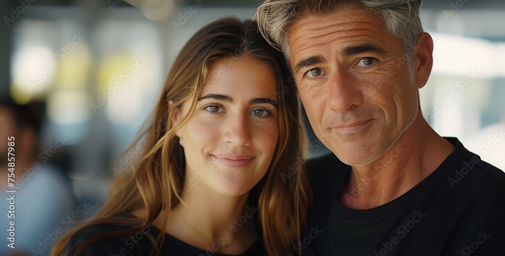 A multiracial man and woman are striking a pose in front of the camera, smiling and looking directly at the viewer A multiracial man and woman are striking a pose in front of the camera, smiling and looking directly at the viewer