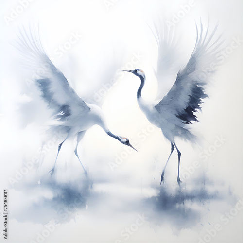 Piękne żurawie w locie, akwarela, dekoracja generative ai