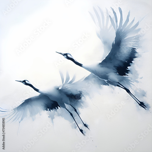 Piękne żurawie w locie, akwarela, dekoracja generative ai