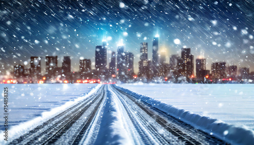 Snow-covered cityscape with wheel tracks on a thick layer of snow in winter. Winter is coming