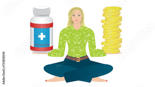 Woman with medication and money. Economy and health care. Isolated. Vector illustration.