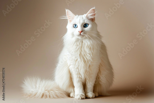 Graceful Turkish Angora cat with long  silky fur  large ears  and piercing blue eyes