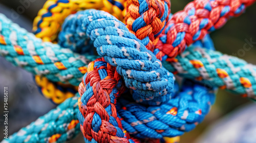 Strong climbing knot with pastel colored ropes on bokeh background. Team building concept. Generative AI