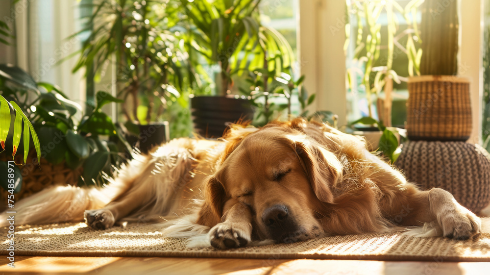 Content golden retriever dozing peacefully in a sunlit room surrounded by leafy greens.