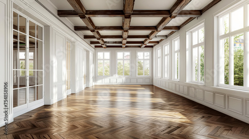 Aesthetic empty scandinavian style interior with wide room with white wall moldings and high wood ceiling. Generative AI