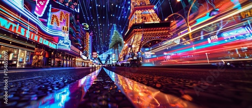 Vibrant Nightlife and Light Trails on the Las Vegas Strip. Generative ai photo