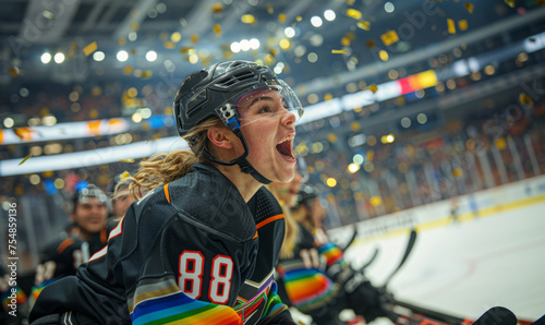 Professional female HBTQ ice hockey player celebrating the championship win - Big arena and crowd with flying gold confetti