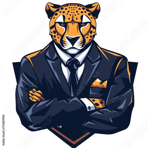 Male businessman cheetah in suit vector esports logo on white background, cheetah logo, cheetah icon, cheetah sticker, cheetah symbol, cheetah emblem, leopard