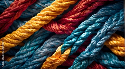 Team rope unites varied strengths to form partnerships, fosters collaboration, unity, and supports communication. Robust, multifaceted network rope team integration background braid color cooperation 