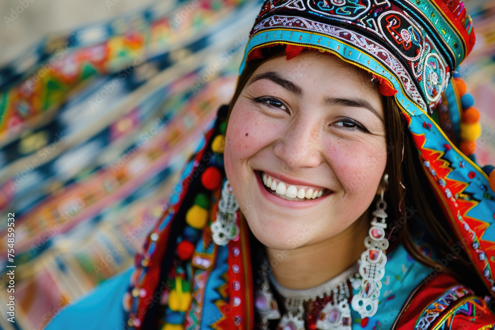 A joyful and beautiful young Kazakh woman dressed in traditional attire, celebrating Nowruz