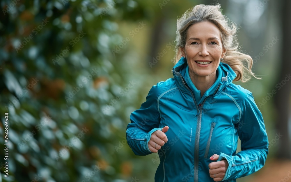 A multiracial woman in a blue jacket runs through a dense forest of tall trees and fallen leaves A multiracial woman in a blue jacket runs through a dense forest of tall trees and fallen leaves