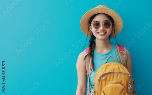 A young multiracial woman stands wearing a hat and backpack © imagineRbc