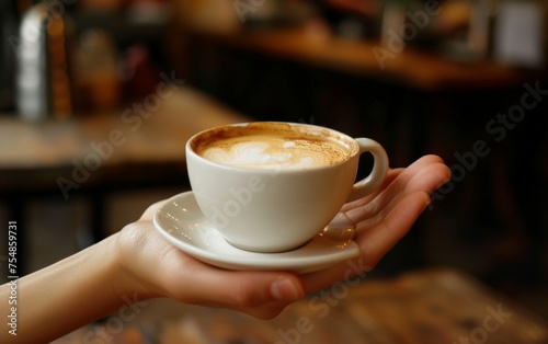 A multiracial person holding a cup of coffee in their hand