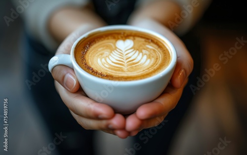 A multiracial person holding a cup of coffee in their hands, with steam rising from the hot beverage