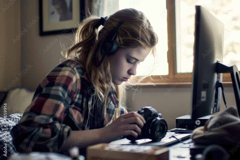 A captivating image of a young female blogger creating content