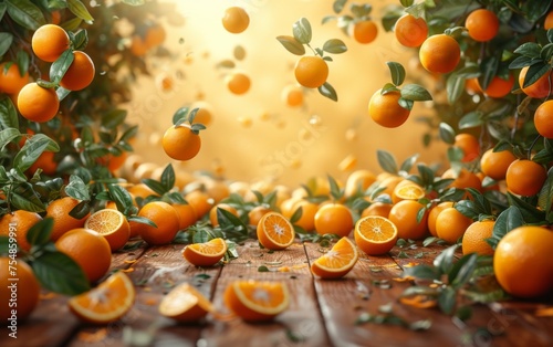 A bunch of oranges neatly arranged on a wooden table, showcasing their vibrant color and freshness photo