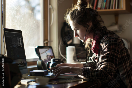 A captivating image of a young female blogger creating content