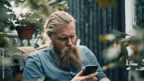 Focused man with beard using smartphone in a lush garden setting.