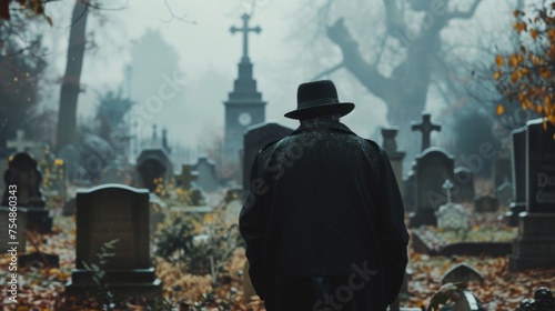 A multiracial man wearing a hat and coat strolling through a cemetery