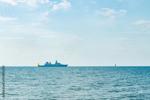 Silhouette of Danish military ship in Baltic sea near Korsor, Denmark