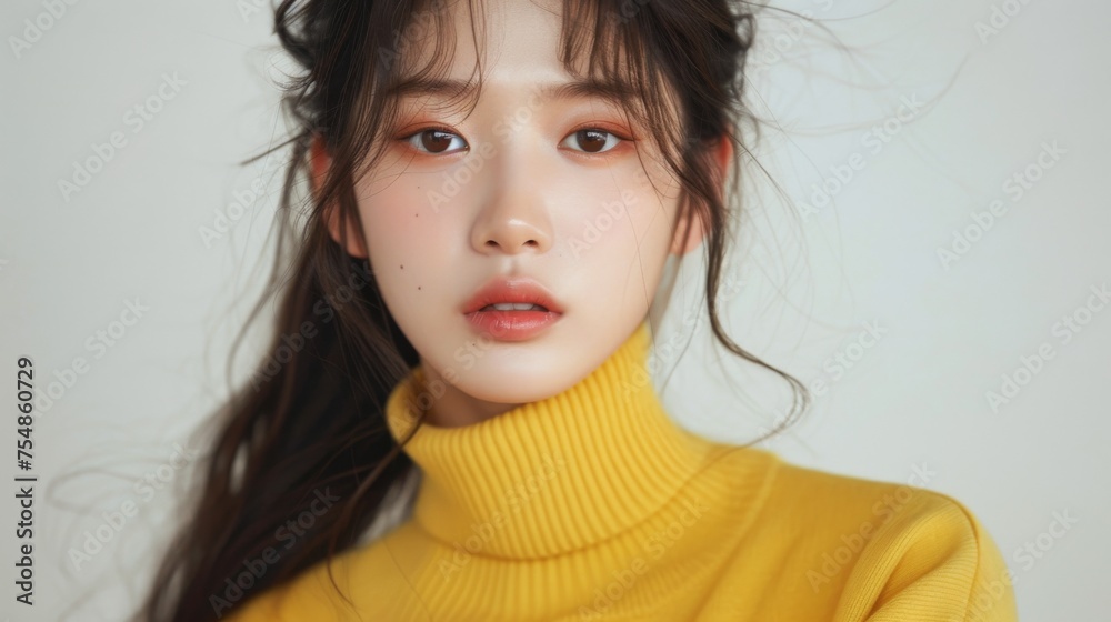 A multiracial woman with long hair is wearing a yellow turtleneck sweater A multiracial woman with long hair is wearing a yellow turtleneck sweater