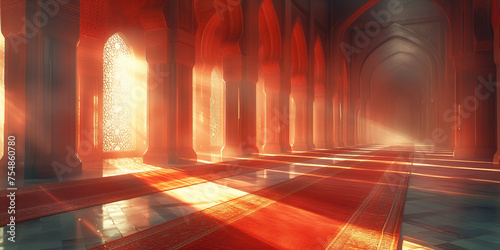 Wunderschöne Moschee in roten Abendlicht im Querformat für Banner, ai generativ