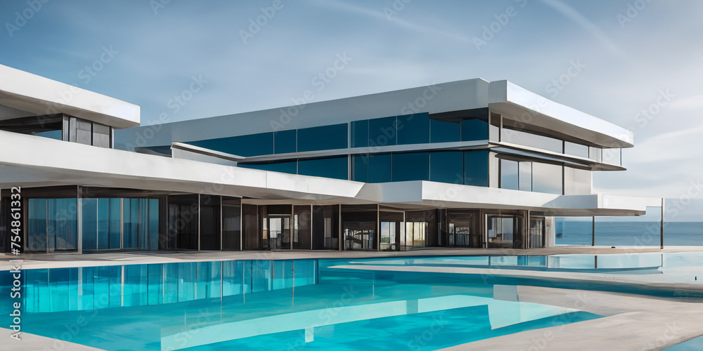 design of a mirrored modern hotel with a swimming pool on the shore of the island design of a mirrored modern hotel with a swimming pool on the shore of the island