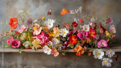 A painting showcasing a variety of colorful flowers arranged on a ledge in a vibrant and lively composition