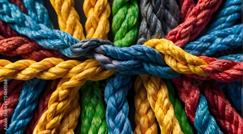 Team rope unites varied strengths to form partnerships, fosters collaboration, unity, and supports communication. Robust, multifaceted network rope team integration background braid color cooperation 