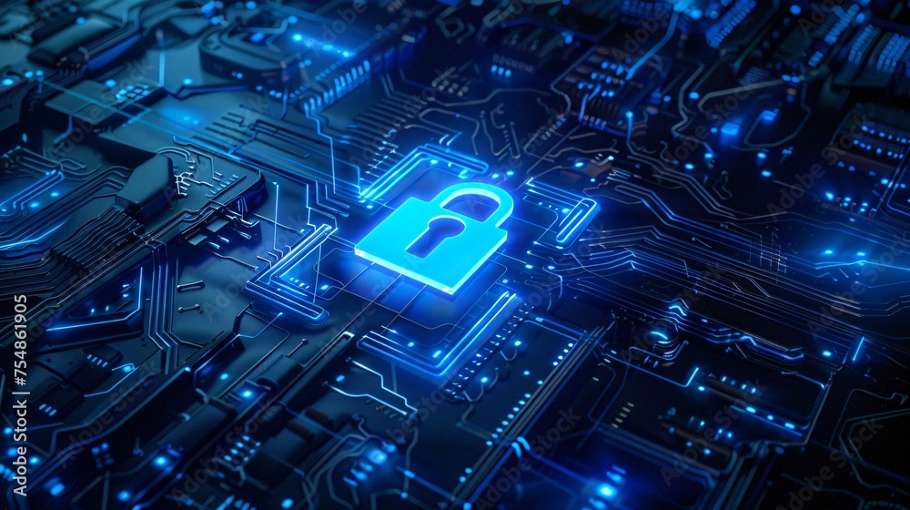 Blue digital key encryption technology concept art illustrating the safeguarding of sensitive information in the digital realm
