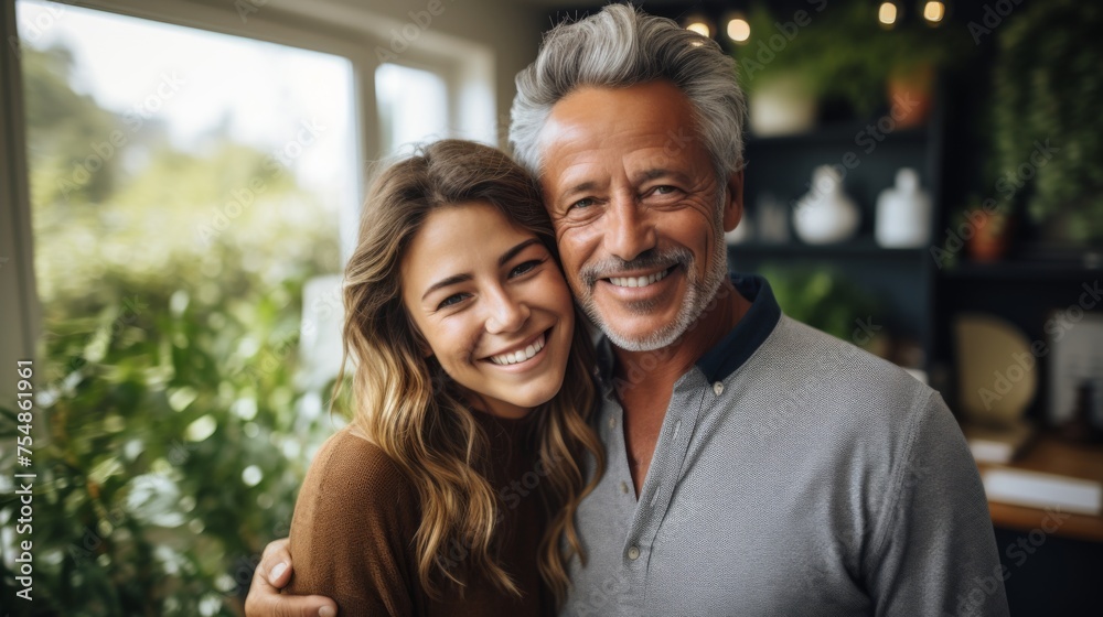 A multiracial man and woman are smiling happily while posing for a photograph A multiracial man and woman are smiling happily while posing for a photograph