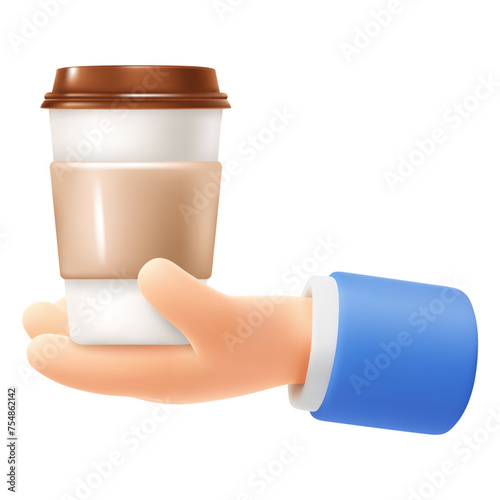 Cute cartoon hand holding or giving disposable cup with hot drink, coffee, tea, etc. 3d realistic icon, isolated on white background. Office break concept. Vector illustration