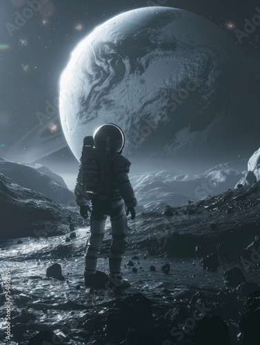 An astronaut stands on the rocky surface of an exoplanet with a massive planet looming in the background, amidst a starry sky.
