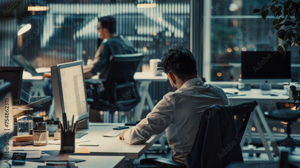 Man working late, caught in the solitude of a dimly lit office space. Man working late, caught in the solitude of a dimly lit office space.