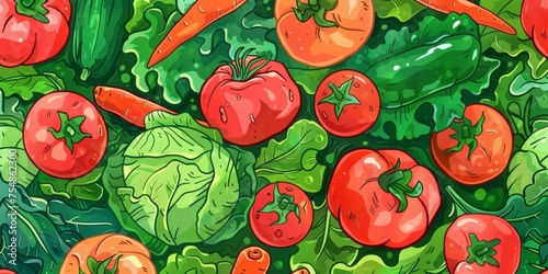Background Texture Pattern Vegetable Garden featuring a cel-shaded vegetable garden. Include a variety of vegetables, like tomatoes, carrots, and lettuce created with Generative AI Technology