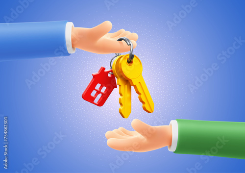 Cute cartoon 3d realistic hand giving keys from house. Concept of real estate, purchase or sell, ownership, property or rent. Vector illustration