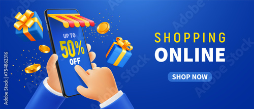 Hands holding mobile phone, online store on the screen, blue background. Gifts and golden coins flying around. Conceptual 3d vector design for advertising of shopping online, sale, discounts etc. 