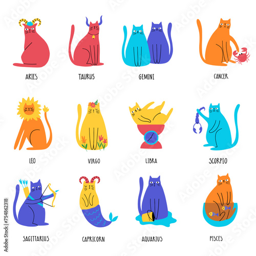 Set of cartoon zodiac cats Aries, Taurus, Gemini, Cancer, Leo, Virgo, Libra, Scorpio, Sagittarius, Capricorn, Aquarius  Hand draw style. Vector illustration of twelve zodiacal symbols. Astrology Sign.