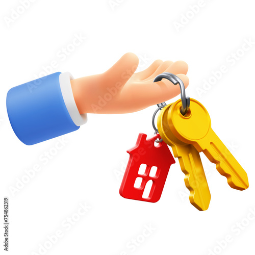 Hand holding or giving keys with keychain in the form of house. Real estate concept, buying, selling, protection, security, property insurance. Isolated on white. Vector 3d realistic illustration