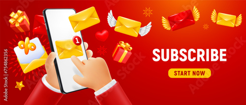 Hand holding mobile phone with new incoming letter, finger touches screen with email symbol, red background. Conceptual 3d vector design, subscribe newsletter, email marketing, offers and discounts