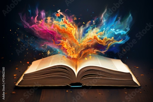 Mystical Open magic book colorful. School story. Generate Ai © juliars