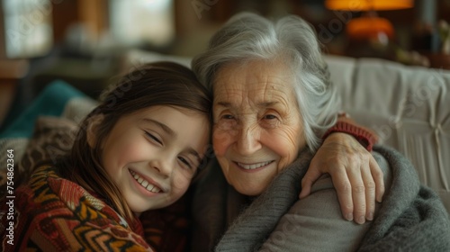 An older woman embraces a young girl warmly as they sit together on a comfortable couch