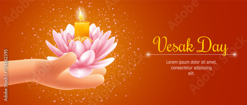 Happy Vesak Day or Buddha purnima banner, greeting card template with cute 3d realistic hand holding lotus flower with burning candle. Vector illustration