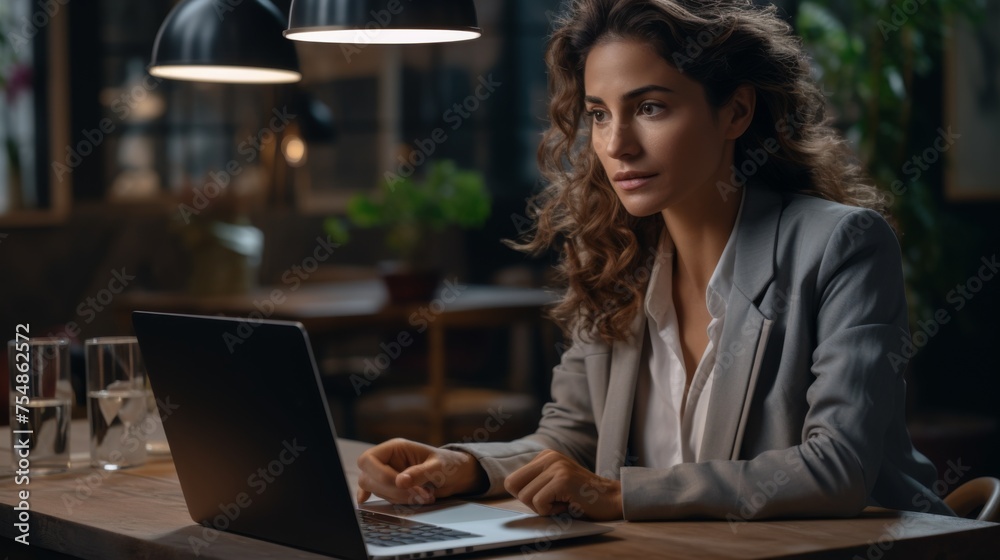A multiracial woman sits at a table, engaged with a laptop computer A multiracial woman sits at a table, engaged with a laptop computer