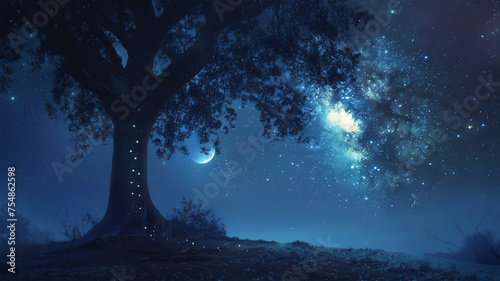 Realistic image of a hazy sky illuminated by moonlight, a man and a woman sitting on a swing under a tree. Generative AI