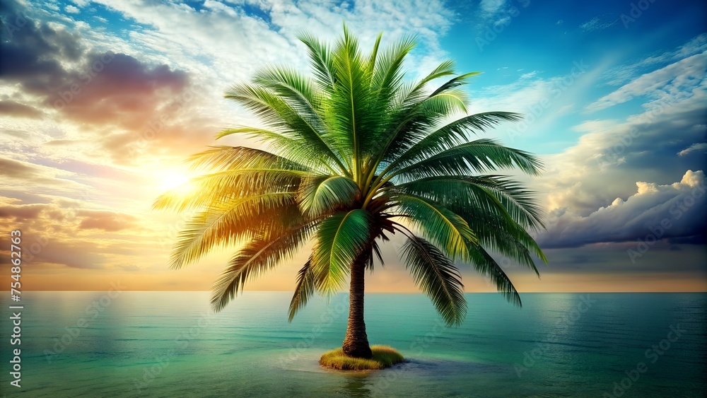 Lone Palm Tree on a Small Island at Sunrise with Colorful Sky
