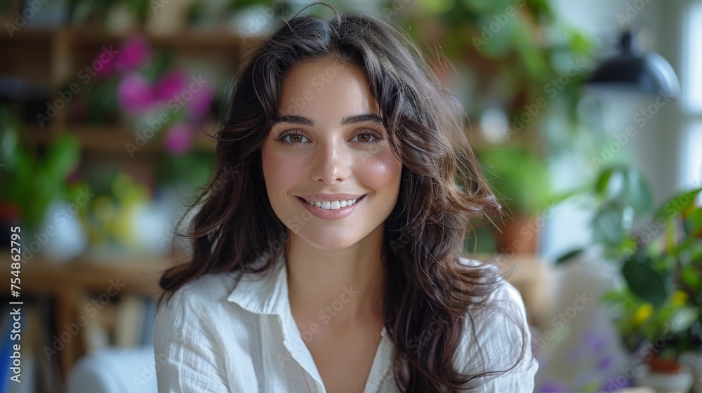 A multiracial woman with a smile, dressed in a white shirt, is seated in a room A multiracial woman with a smile, dressed in a white shirt, is seated in a room