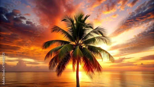 Solitary Palm Tree Silhouetted Against a Dramatic Sunset Over Ocean. A gentle Hawaiian sunset over the ocean 