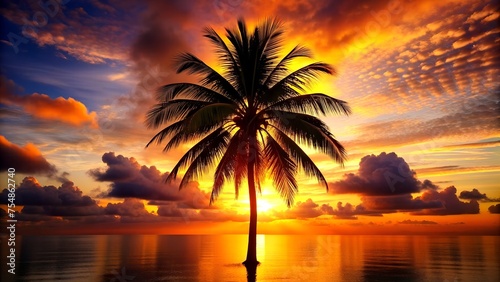 Solitary Palm Tree Silhouetted Against a Dramatic Sunset Over Ocean. A gentle Hawaiian sunset over the ocean 