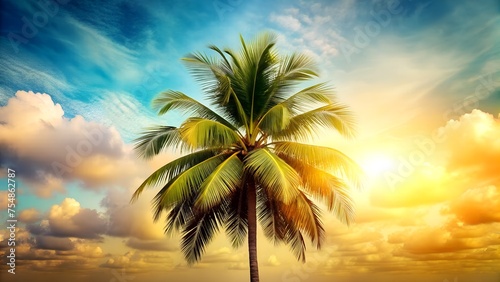 Sunlit Palm Tree against a Vivid Sunrise Sky with Fluffy Clouds   © sanchezz111